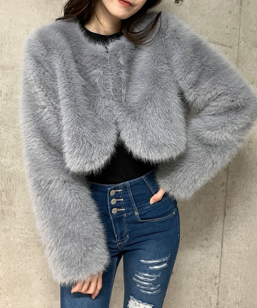 デニム　コート　ジーンズ　ファー　グレー　y2k fairygrunge 海外 セール】フェイクファーショート丈コート（ノーカラーコート