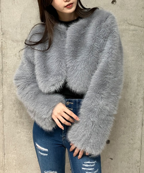 セール】フェイクファーショート丈コート（ノーカラーコート
