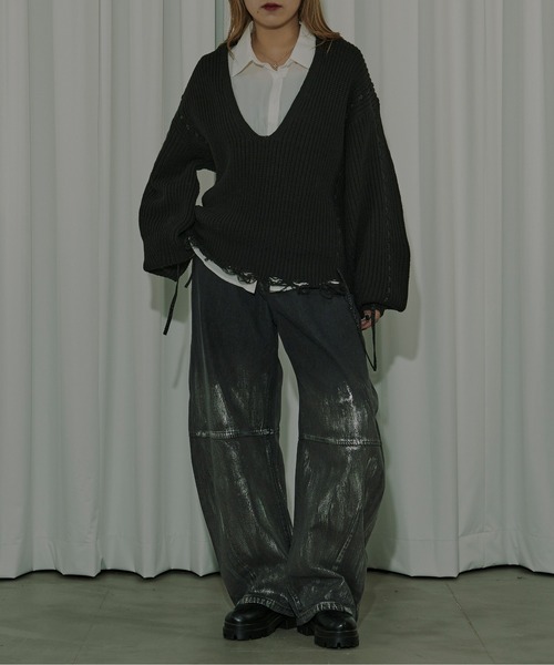 Ezick（エジック）の「Cord stitch キーネックニット（ニット/セーター・レディース・ブラック/オフホワイト・FREE）」の9枚目の写真