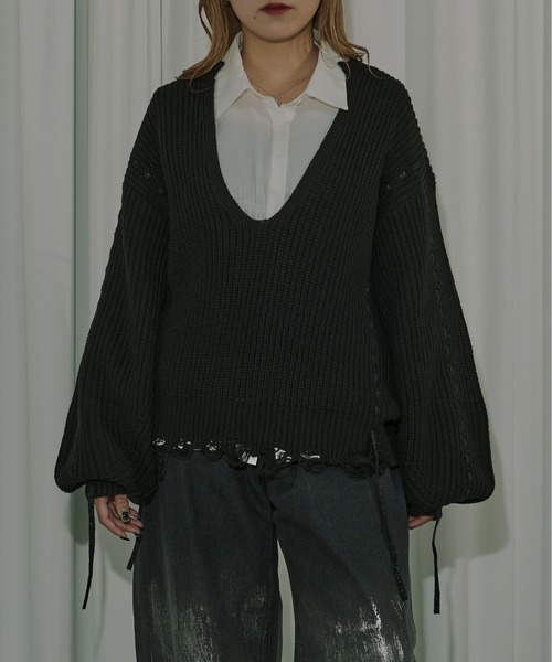 Ezick（エジック）の「Cord stitch キーネックニット（ニット/セーター・レディース・ブラック/オフホワイト・FREE）」の6枚目の写真