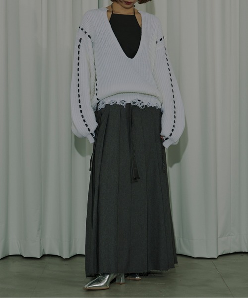 Ezick（エジック）の「Cord stitch キーネックニット（ニット/セーター・レディース・ブラック/オフホワイト・FREE）」の18枚目の写真