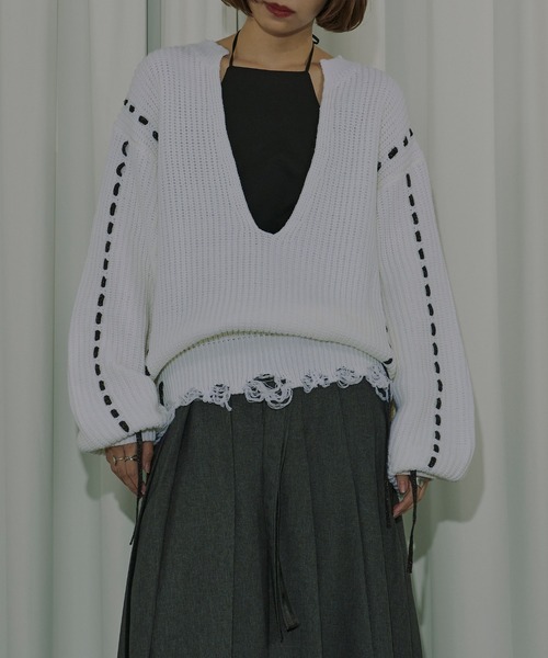 Ezick（エジック）の「Cord stitch キーネックニット（ニット/セーター・レディース・ブラック/オフホワイト・FREE）」の15枚目の写真