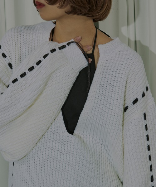 Ezick（エジック）の「Cord stitch キーネックニット（ニット/セーター・レディース・ブラック/オフホワイト・FREE）」の20枚目の写真
