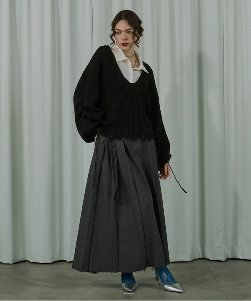 Ezick（エジック）の「Cord stitch キーネックニット（ニット/セーター・レディース・ブラック/オフホワイト・FREE）」の5枚目の写真