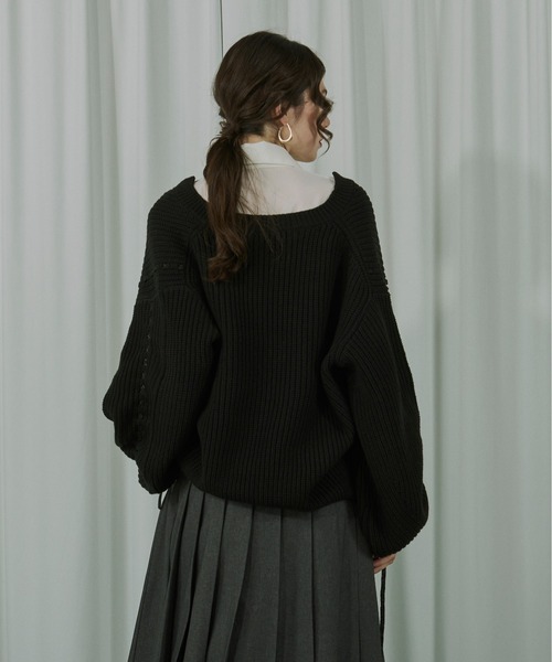 チョココロネ　Cニット ブラック セール】Cord stitch キーネックニット（ニット/セーター）｜Ezick