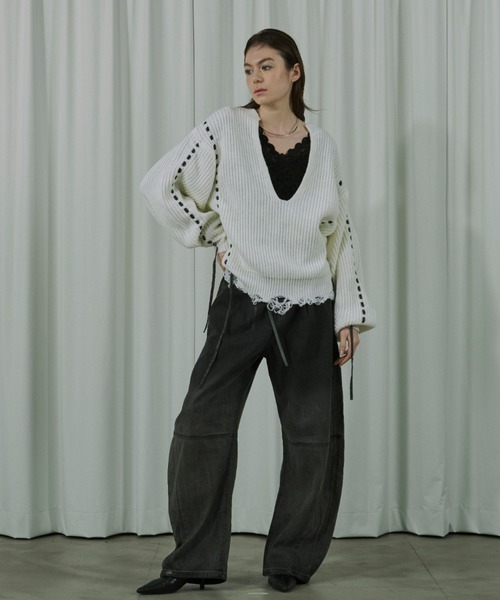 Ezick（エジック）の「Cord stitch キーネックニット（ニット/セーター・レディース・ブラック/オフホワイト・FREE）」の12枚目の写真