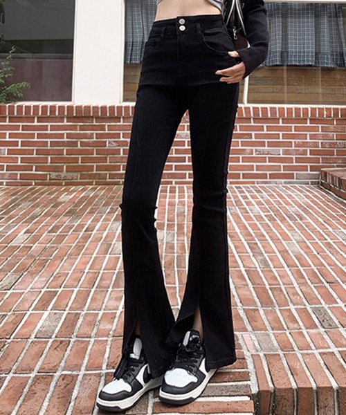DAY CLOSET(デイ クローゼット)の「レディース 韓国風センタースリットストレッチフレアスキニーデニムパンツ/裏微起毛(デニムパンツ・レディース・ブルー/ブラック・XS/S/L/M/XL/2XL)」の6枚目の写真
