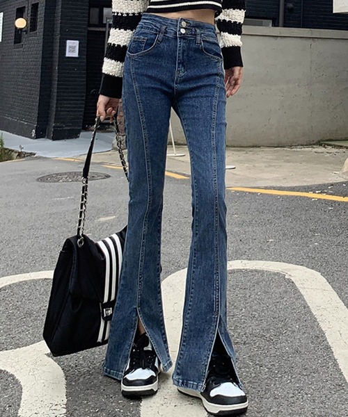 DAY CLOSET(デイ クローゼット)の「レディース 韓国風センタースリットストレッチフレアスキニーデニムパンツ/裏微起毛(デニムパンツ・レディース・ブルー/ブラック・XS/S/L/M/XL/2XL)」の18枚目の写真