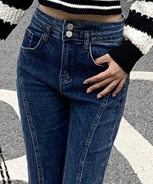 DAY CLOSET(デイ クローゼット)の「レディース 韓国風センタースリットストレッチフレアスキニーデニムパンツ/裏微起毛(デニムパンツ・レディース・ブルー/ブラック・XS/S/L/M/XL/2XL)」の10枚目の写真