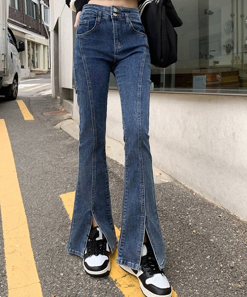 DAY CLOSET(デイ クローゼット)の「レディース 韓国風センタースリットストレッチフレアスキニーデニムパンツ/裏微起毛(デニムパンツ・レディース・ブルー/ブラック・XS/S/L/M/XL/2XL)」の8枚目の写真