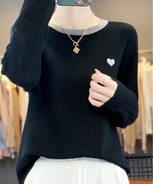 セール】胸元のハート刺繍がポイント。配色ネックリブニット（ニット