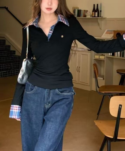 新品未使用　訳あり　チェックレイヤードトップス 150cm 付け裾 レイヤード レディース フェイクレイヤード トップス