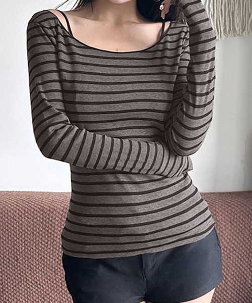 Kuroba(クロバ)の「ボーダー柄オフショルダー長袖トップス(Tシャツ/カットソー・レディース・ライトグレー/ダークグレー・M/L)」の6枚目の写真