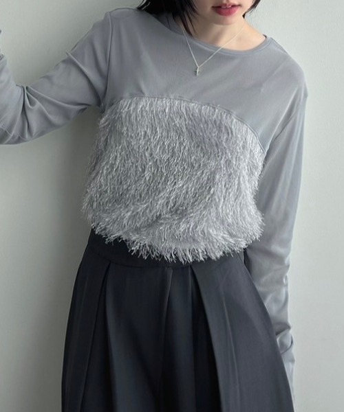 bita.(ビタ)の「切替フリンジチュールトップス(Tシャツ/カットソー・レディース・アイボリー/ブラック/グレー・FREE)」の1枚目の写真
