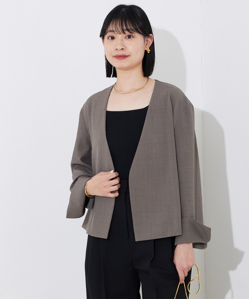 Rouge vif(ルージュヴィフ)の「【セットアップ対応】ベルトノーカラーライトジャケット(ノーカラージャケット・レディース・ブラック/モカ・36/38)」の7枚目の写真