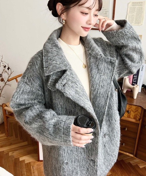 セール】2WAYアレンジカラーミドル丈メランジシャギーコートジャケット