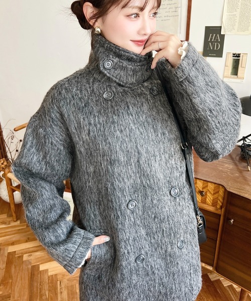 セール】2WAYアレンジカラーミドル丈メランジシャギーコートジャケット