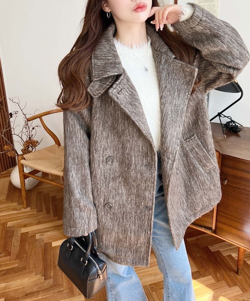 セール】2WAYアレンジカラーミドル丈メランジシャギーコートジャケット