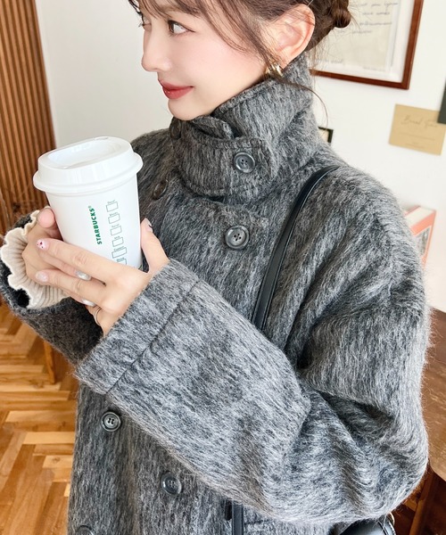 セール】2WAYアレンジカラーミドル丈メランジシャギーコートジャケット