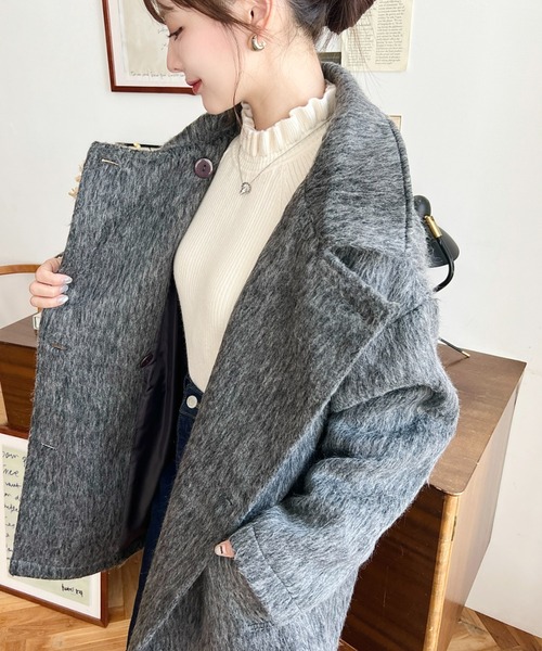 セール】2WAYアレンジカラーミドル丈メランジシャギーコートジャケット