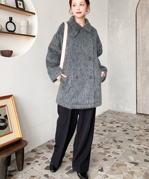 セール】2WAYアレンジカラーミドル丈メランジシャギーコートジャケット