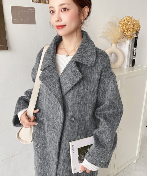 セール】2WAYアレンジカラーミドル丈メランジシャギーコートジャケット