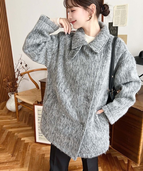 セール】2WAYアレンジカラーミドル丈メランジシャギーコートジャケット