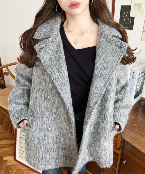 セール】2WAYアレンジカラーミドル丈メランジシャギーコートジャケット