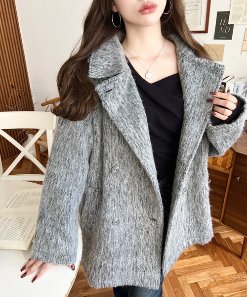 セール】2WAYアレンジカラーミドル丈メランジシャギーコートジャケット