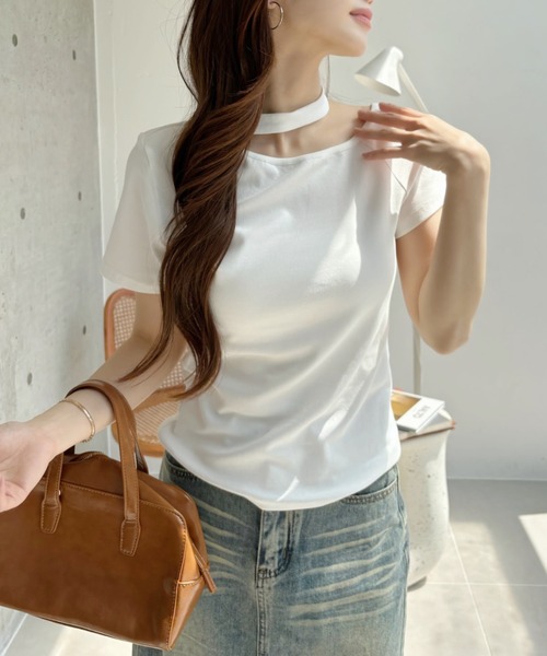 トップス adi セール】チョーカーデザイン カットアウト 半袖トップス（T