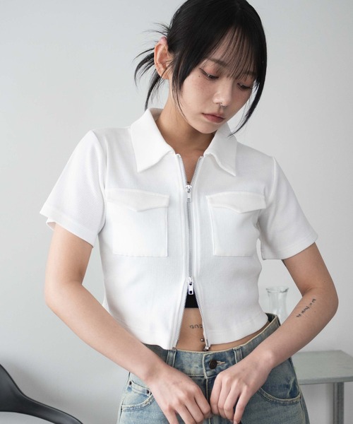 WEGO（ウィゴー）の「WEGO/ポケットデザインWZIPトップス（カーディガン/ボレロ・レディース・オフホワイト/スミクロ/杢グレー/カーキ・FREE）」の12枚目の写真