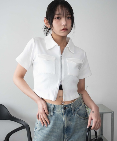 WEGO（ウィゴー）の「WEGO/ポケットデザインWZIPトップス（カーディガン/ボレロ・レディース・オフホワイト/スミクロ/杢グレー/カーキ・FREE）」の13枚目の写真