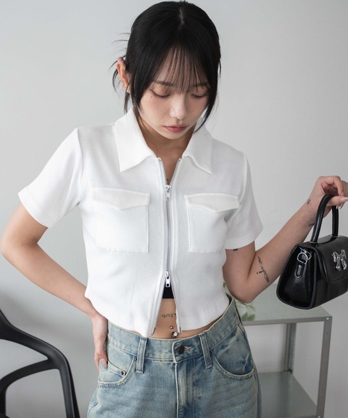 WEGO（ウィゴー）の「WEGO/ポケットデザインWZIPトップス（カーディガン/ボレロ・レディース・オフホワイト/スミクロ/杢グレー/カーキ・FREE）」の14枚目の写真