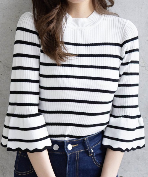 CLEAR BASIC（クリアベーシック）の「五分袖スカラップニットトップス[オフィスカジュアル 着回し抜群 シンプル]≪再入荷≫（ニット/セーター・レディース・ラベンダー/ブラック/ホワイト×ブラック/グレー系その他/アイボリー/ブラック系その他/ボルドー/ブラウン・F）」の3枚目の写真