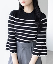 CLEAR BASIC | 五分袖スカラップニットトップス[オフィスカジュアル ベーシック シンプル]≪CLEAR BASIC≫(ニット/セーター)