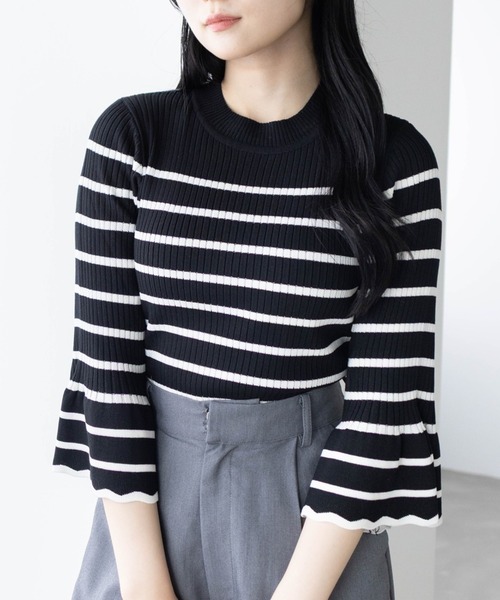 CLEAR BASIC（クリアベーシック）の「五分袖スカラップニットトップス[オフィスカジュアル 着回し抜群 シンプル]≪再入荷≫（ニット/セーター・レディース・ラベンダー/ブラック/ホワイト×ブラック/グレー系その他/アイボリー/ブラック系その他/ボルドー/ブラウン・F）」の5枚目の写真