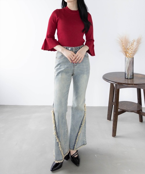 CLEAR BASIC（クリアベーシック）の「五分袖スカラップニットトップス[オフィスカジュアル 着回し抜群 シンプル]≪再入荷≫（ニット/セーター・レディース・ラベンダー/ブラック/ホワイト×ブラック/グレー系その他/アイボリー/ブラック系その他/ボルドー/ブラウン・F）」の11枚目の写真