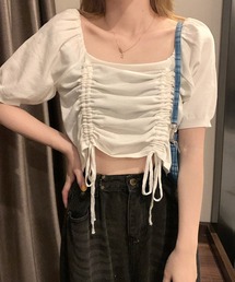 スクエアネック クロップド丈 オフショル Ｔシャツ ギャザー リボン