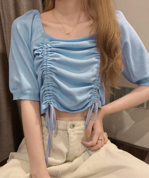 ALTROSE(アルトローズ)の「スクエアネック クロップド丈 オフショル Tシャツ ギャザー リボン(Tシャツ/カットソー・レディース・ブラック/ホワイト/ブルー・FREE)」の13枚目の写真