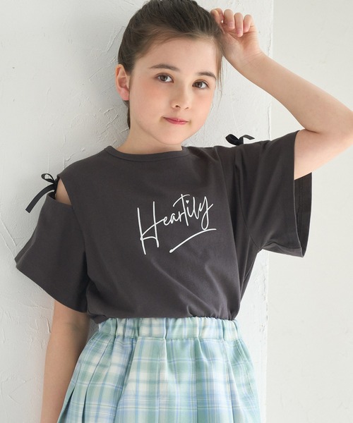 2色 Tシャツ カットソー トップス オープンショルダー リボン ♪ キッズ リボンオープンショルダー半袖Tシャツ（Tシャツ