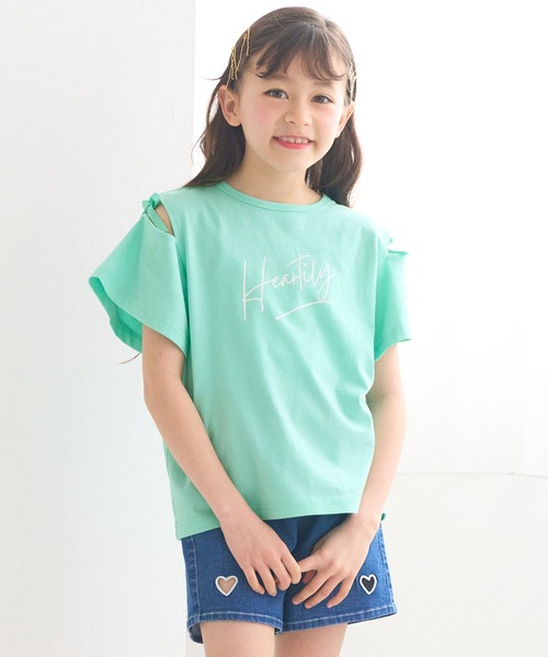 coca(coca)(コカ)の「キッズ リボンオープンショルダー半袖Tシャツ(Tシャツ/カットソー・キッズ・チャコール/ライトグリーン・120/130/140/150)」の2枚目の写真