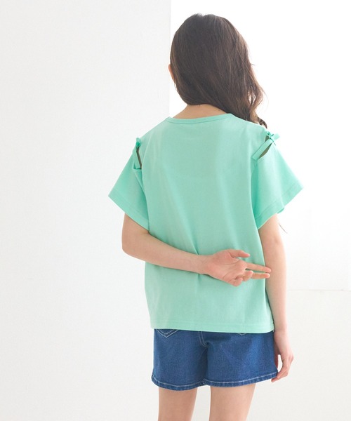 2色 Tシャツ カットソー トップス オープンショルダー リボン ♪ キッズ リボンオープンショルダー半袖Tシャツ（Tシャツ