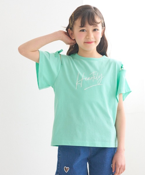 2色 Tシャツ カットソー トップス オープンショルダー リボン ♪ キッズ リボンオープンショルダー半袖Tシャツ（Tシャツ