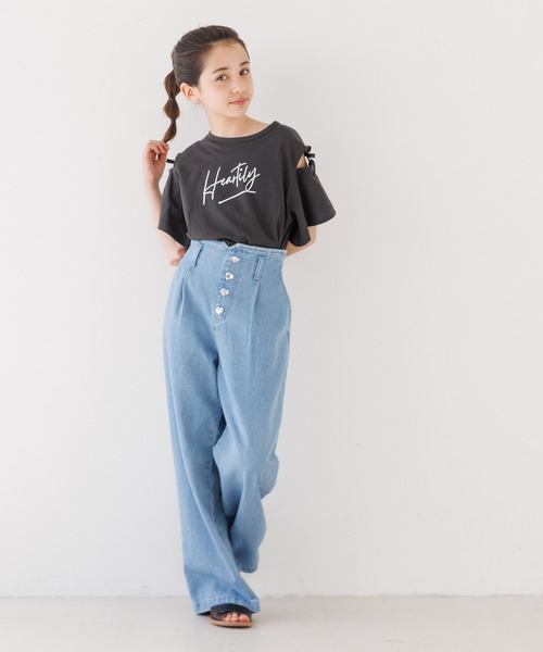 coca（coca）（コカ）の「＼大好評につき再入荷！！／ 大人気アイテムキッズ　リボンオープンショルダー半袖Tシャツ（Tシャツ/カットソー・キッズ・チャコール/ライトグリーン/ライトブルー/ホワイト/パープル・120/130/140/150）」の6枚目の写真