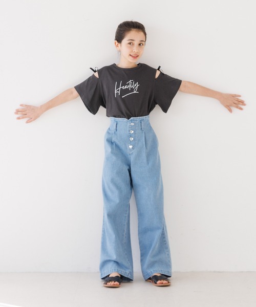 coca（coca）（コカ）の「＼大好評につき再入荷！！／ 大人気アイテムキッズ　リボンオープンショルダー半袖Tシャツ（Tシャツ/カットソー・キッズ・チャコール/ライトグリーン/ライトブルー/ホワイト/パープル・120/130/140/150）」の9枚目の写真