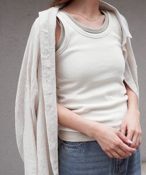gossara（ゴサラ）の「テレコベーシックタンク（タンクトップ・レディース・グレイッシュベージュ/チャコール/アイボリー系・FREE）」の14枚目の写真