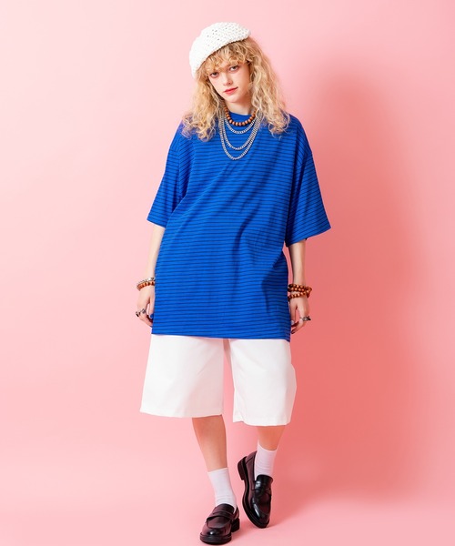 a.p.o.v.(エーピーオービー)の「a.p.o.v. ピンボーダーコットンオーバーサイズTシャツ(Tシャツ/カットソー・メンズ・ブルー/レッド/ネイビー/ブラック・ONESIZE)」の13枚目の写真