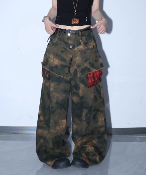 セール】グランジ染めスカートレイヤード風ワイドパンツ（デニム