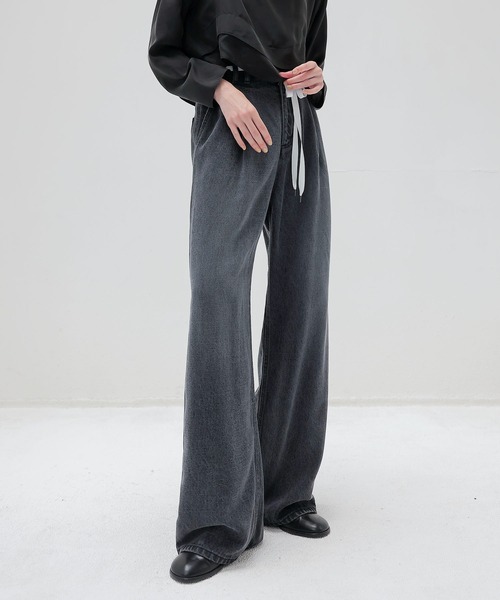 セール】lyocell black denim tuck wide pants(リヨセルブラックデニム