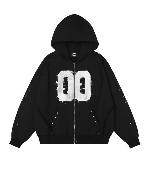 COZY WORLDWIDE（コージーワールドワイド）の「【Cozy world Wide】00 KNIGHT CLUB HOODZIP / 【コージーワールドワイド】ナンバープリントリベットジップパーカー（パーカー・メンズ・ブラック・M/L）」の7枚目の写真